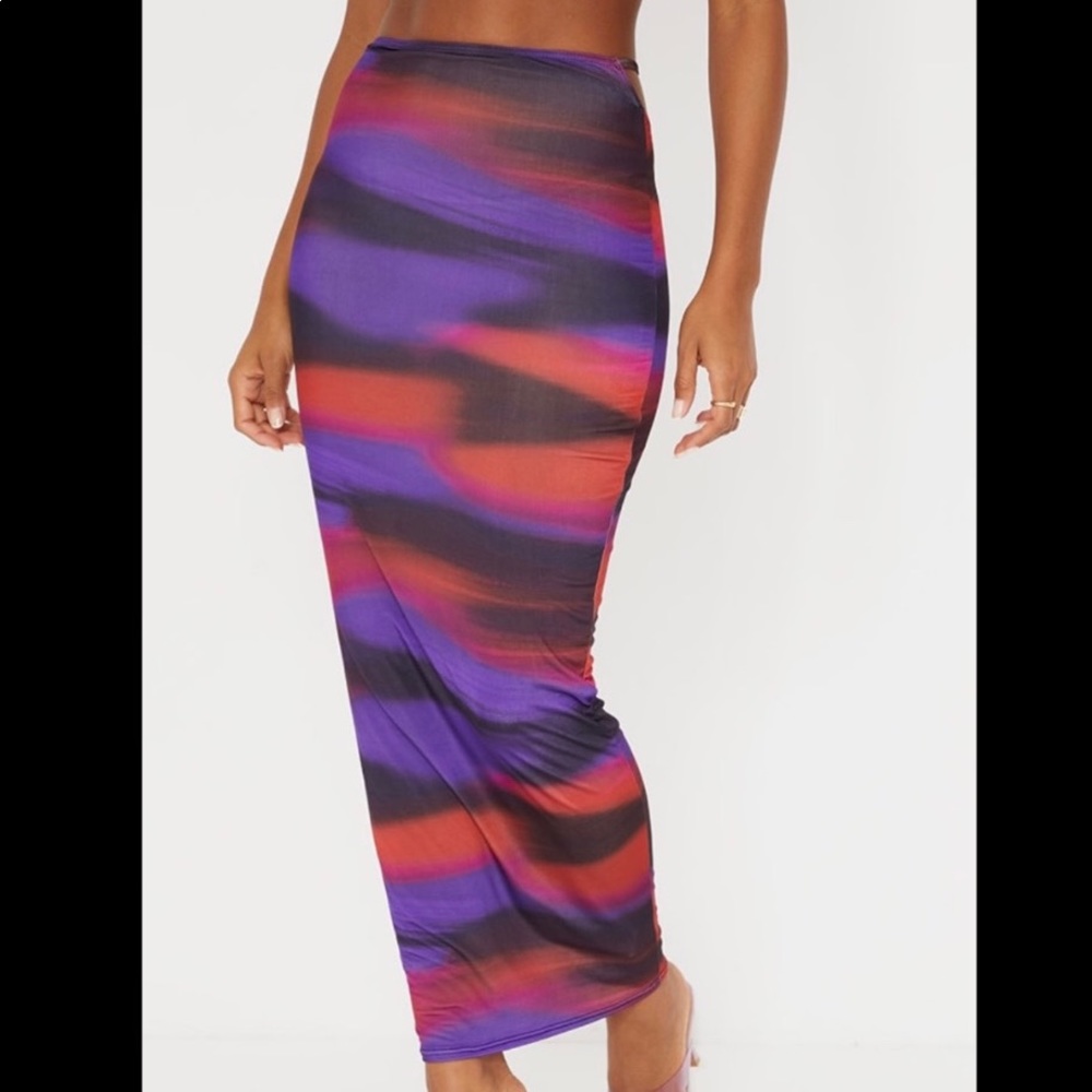 Purple abstract print slinky thong detail midaxi skirt